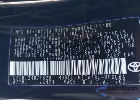 2024 Toyota Corolla Le из США, поврежденный, VIN 5YFB4MDE5RP174188